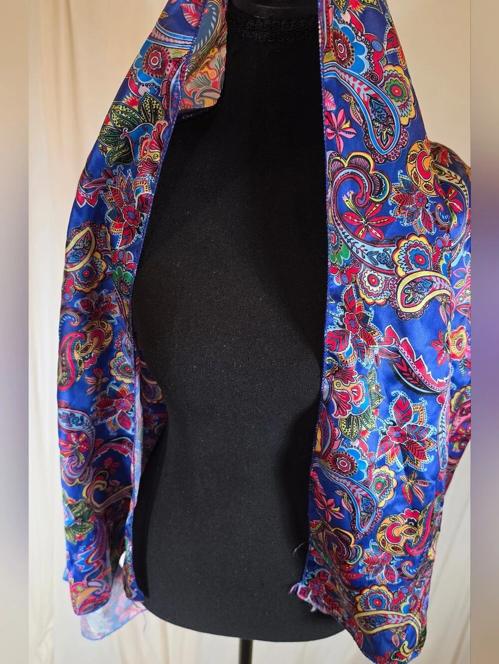 Vintage Blue Paisley Silk Satin Scarf Large Rectangle Shawl Wrap Boho Ornate